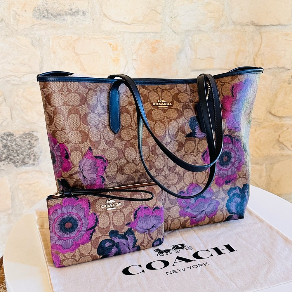 Coach City Tote Kaffe Fassett Floral Signature handbag+wallet brown Purple NWT - Picture 3 of 15